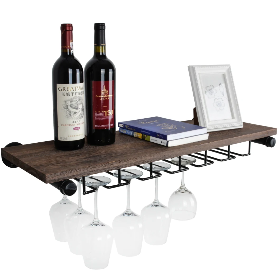 Modern Popular Customized Floating Wooden Wine Bottle Shelf and Wine Glass Drying Display Rack